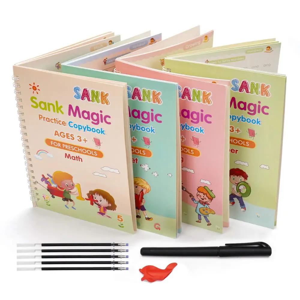 Kids copywriting book set – 4 Books + 10 Refill, Number Tracing & practice Patterns and Alphabet for Preschoolers, Reusable Handwriting Tool for Simple Lettering Practice with Pen.