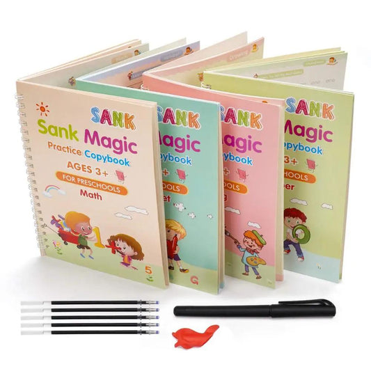 Kids copywriting book set – 4 Books + 10 Refill, Number Tracing & practice Patterns and Alphabet for Preschoolers, Reusable Handwriting Tool for Simple Lettering Practice with Pen.