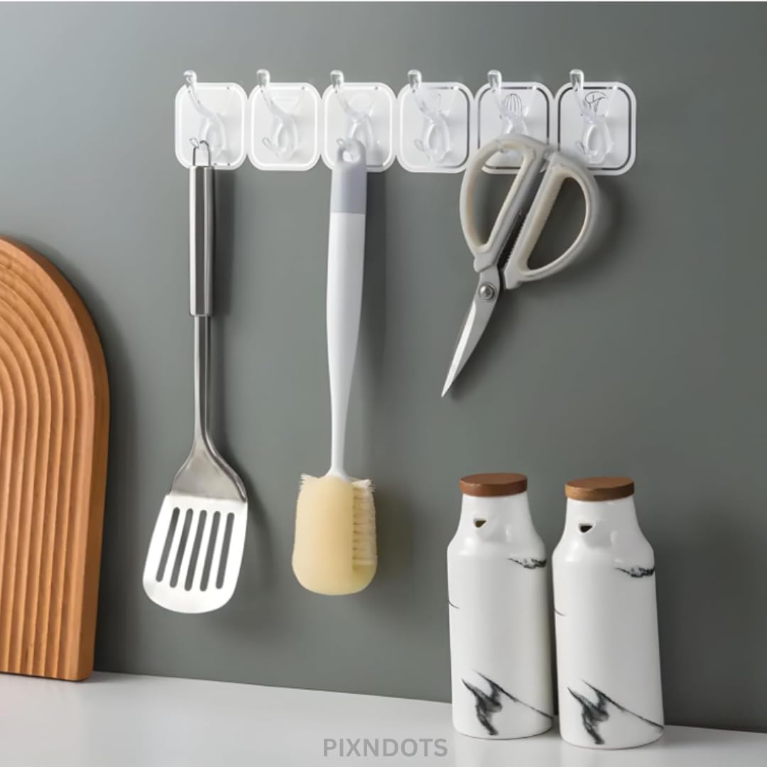 Self Adhesive Wall Hanger Hooks, 6 in 1, Durable Cloth, No Drilling Required, for Home and Kitchen Organization